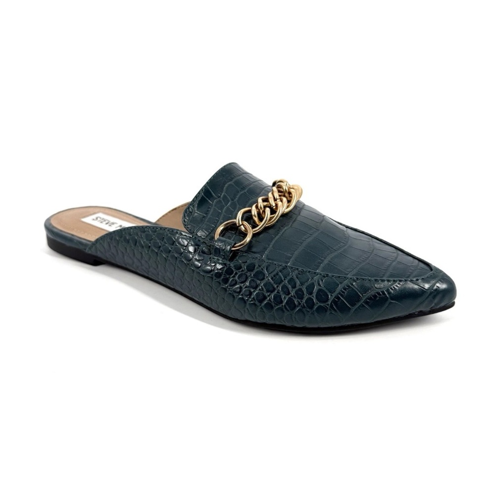 Steve Madden Forever Mules Womens Size 6.5 Teal Croc Embossed Chain Slip-On Shoe